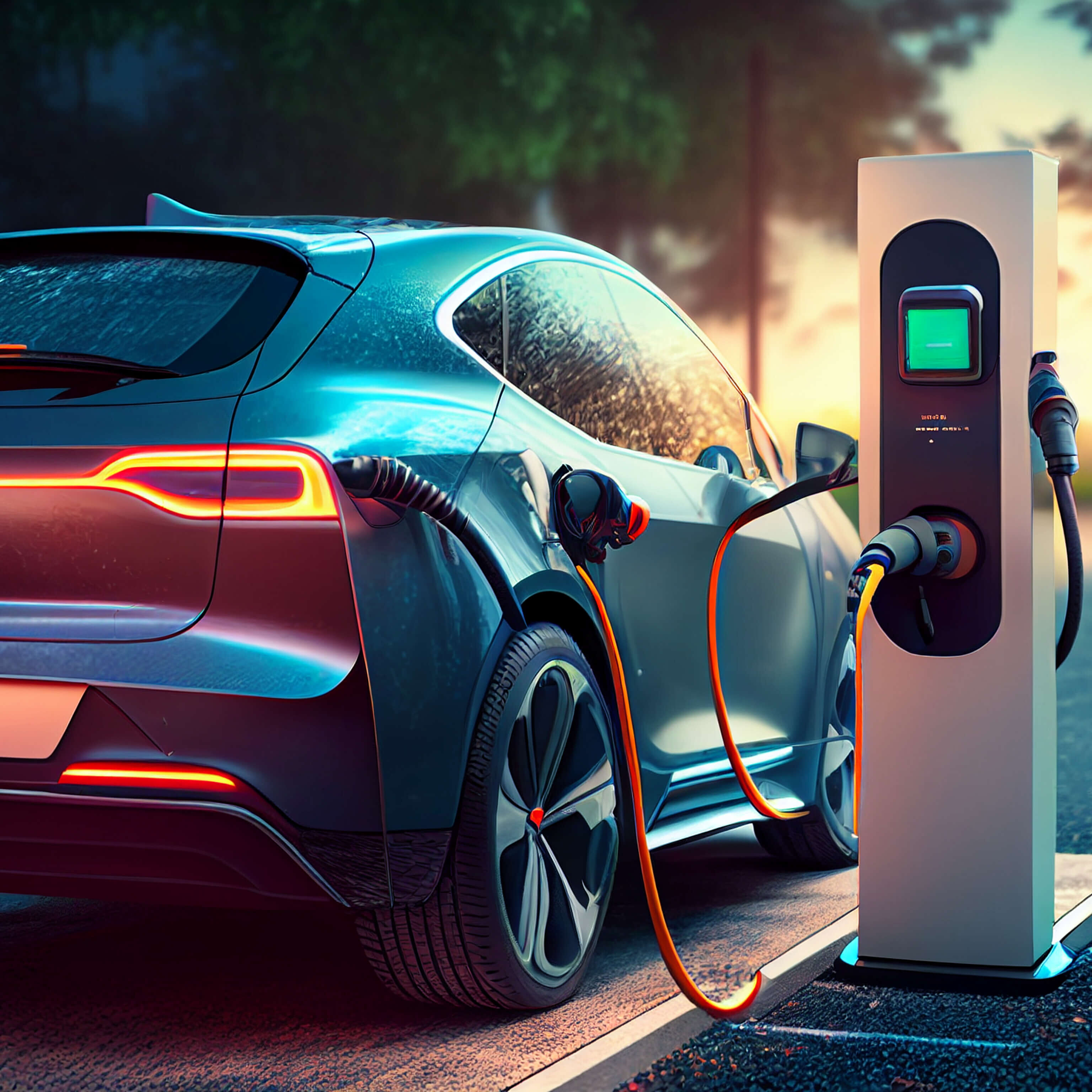 Electric car charging at a gas station in the city, industrial landscape, neon elements, healthy environment without harmful emissions. Eco concept. generative AI