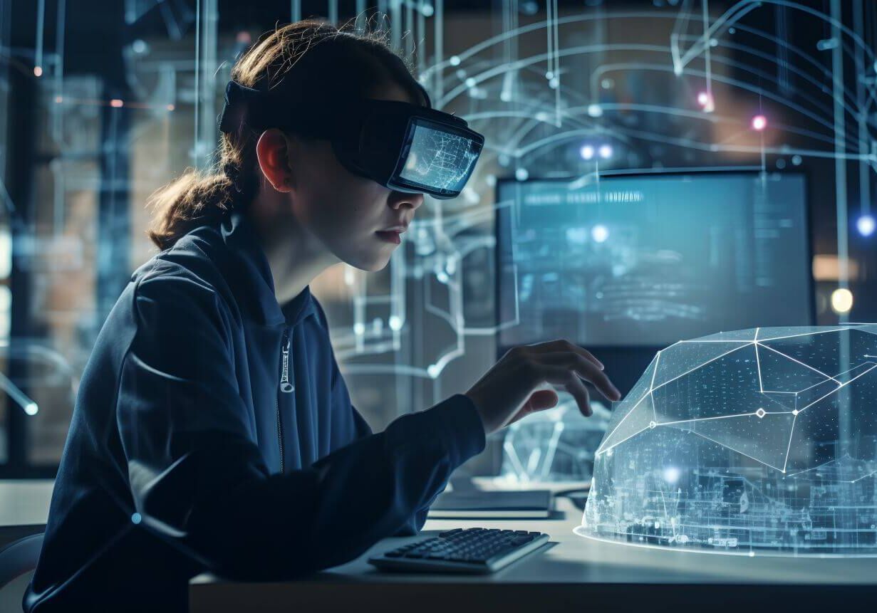 User immersed in augmented reality environment wearing a VR headset, seamlessly blending digital elements with physical world, experiencing innovative gaming and learning opportunities. Generative AI